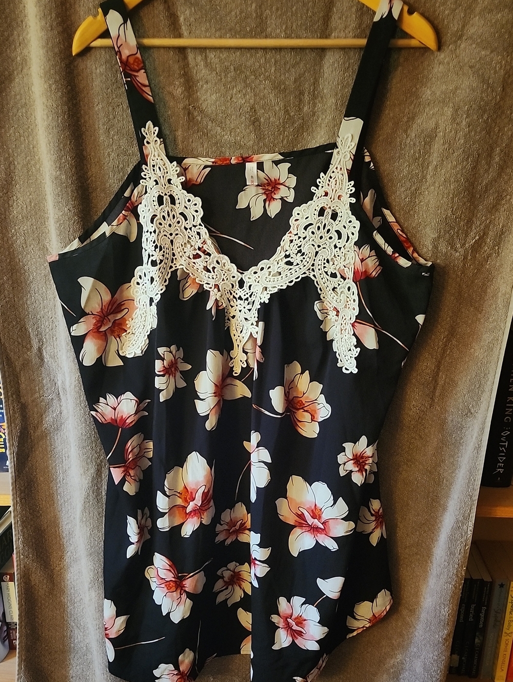 Black Floral Tank with White Lace Trim